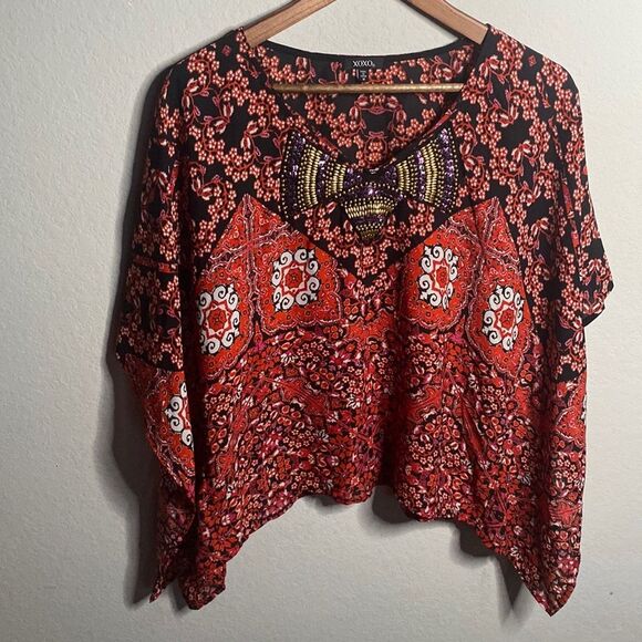 XOXO Junior’s Red Flowy Mixed Print Batwing Blouse Size Medium - Picture 1 of 5